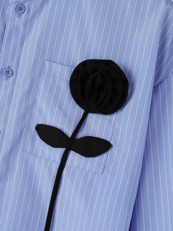 Men's Romantic Avant-Garde 3D Rose Appliqué Cropped Pinstripe Mandarin Collar Shirt SKUL79629