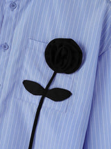 Men's Romantic Avant-Garde 3D Rose Appliqué Cropped Pinstripe Mandarin Collar Shirt SKUL79629