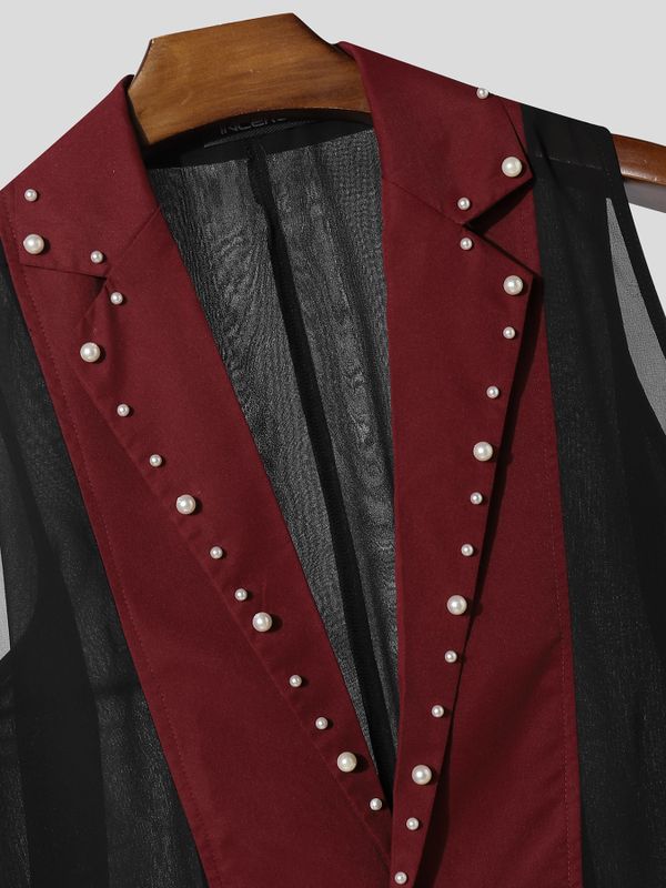 Men's Avant-Garde Studded Lapel Sheer Mesh High-Low Tuxedo Blazer SKUL63810