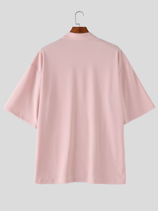 Men's Minimalist Casual Frog Button Stand Collar Short Sleeve Shirt SKUL62087