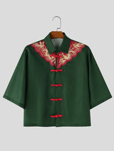 Men's Modern Chinoiserie Dragon Embroidery Frog Button Cuban Collar Short Sleeve Shirt SKUL56078
