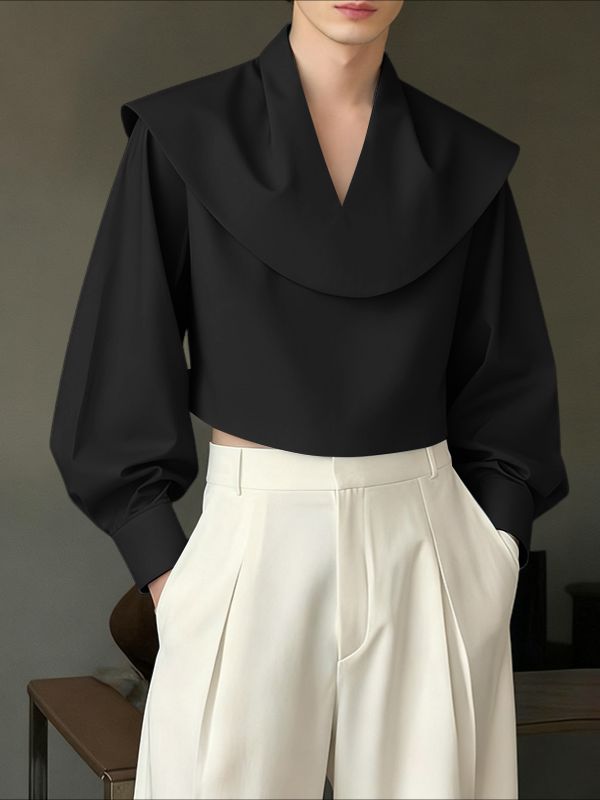 Men's Solid Color Draped Neck Gigot Sleeve Shirt SKUL45322