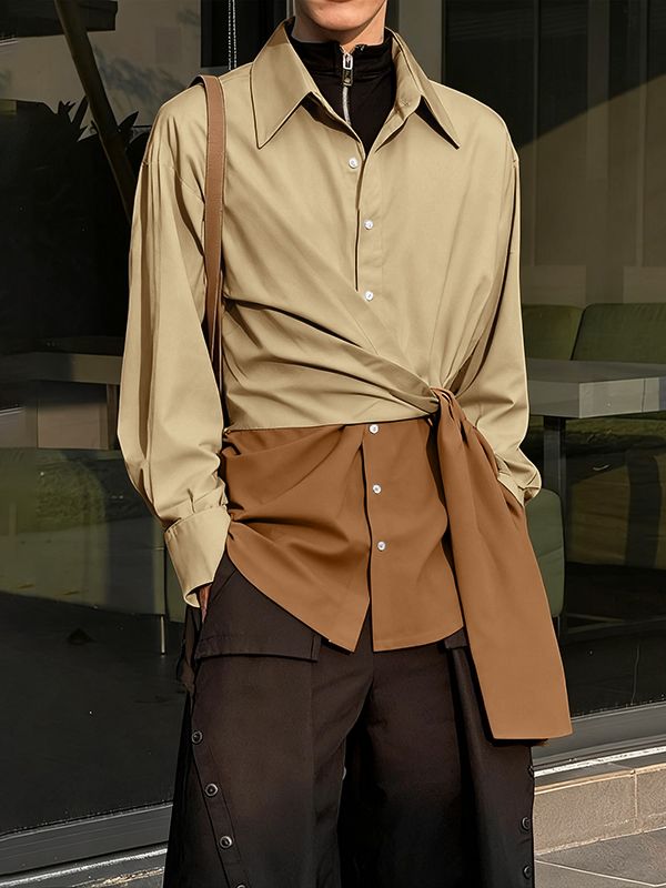 Men's Color Block Twist Tie Long Sleeve Shirt SKUL37294