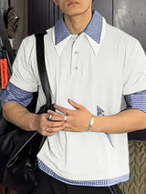 Men's Plaid Patchwork Collar Short Sleeve Shirt SKUL46212