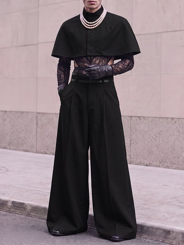 Men's Avant-Garde Deconstructed Stage Runway Stand Collar Cropped Capelet Wide-Leg Two Pieces Outfit SKUL85213