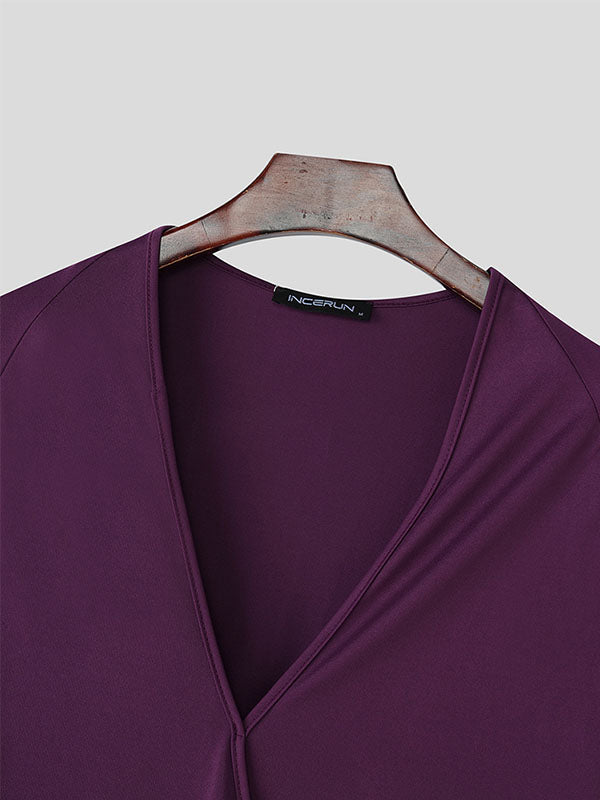 Mens Solid Color Deep V-Neck Short Sleeve T-Shirt SKUL10890