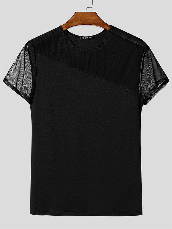 Mens Sheer Mesh Patchwork Short Sleeve T-Shirt SKUL13514