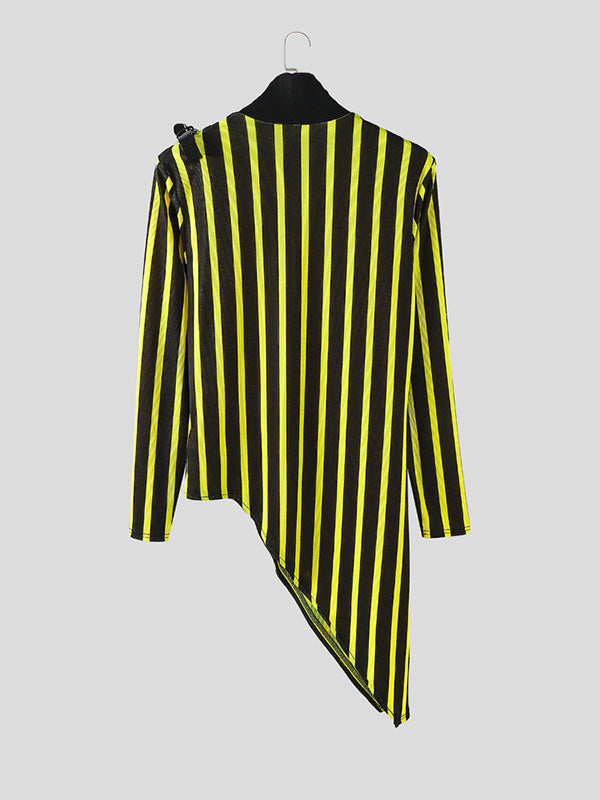 Men's Belt Buckle Patchwork Stripe Contrast Long Sleeve T-Shirt SKUL28409