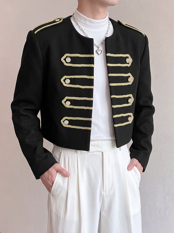 Men's Retro Party Military Gold Braid Cropped Boxy Long Sleeve Round Neck Blazer SKUL80457