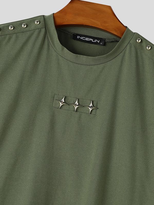 Men's Y2K High-Street Star Studded Shoulder Short Sleeve T-shirt SKUL79233