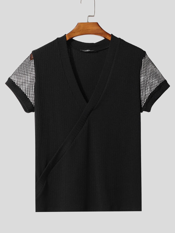 Mens Sheer Mesh Patchwork Knit Short Sleeve T-Shirt SKUL16800