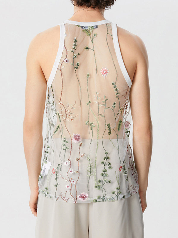 Mens Floral Embroidered See Through Sleeveless Vest SKUK53715