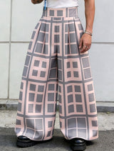 Men's Avant-Garde Graphic Grid Pattern High-Waisted Wide-Leg Pant SKUL61663