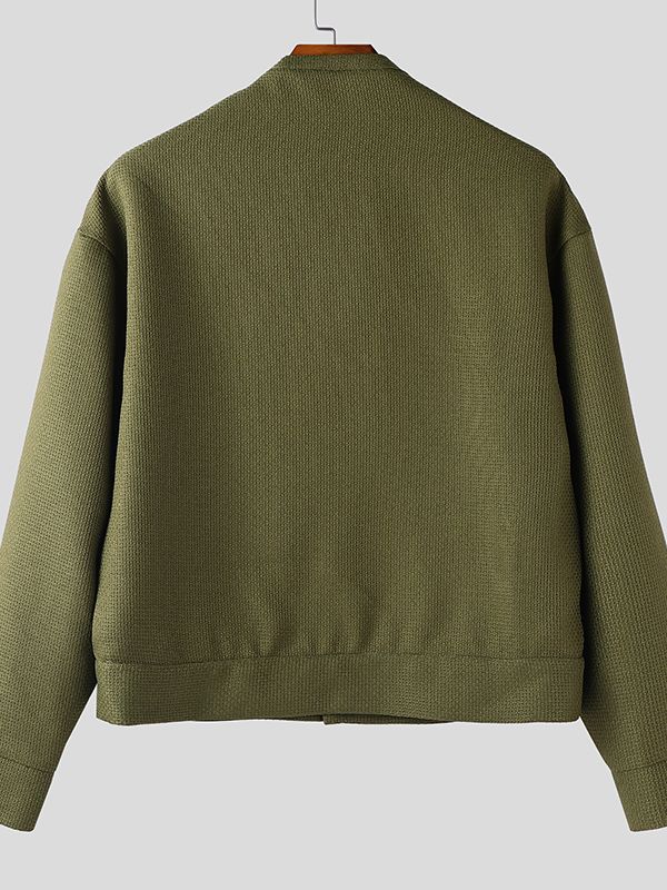 Men's Textured Cropped Stand Collar Long Sleeve Jacket SKUL37282