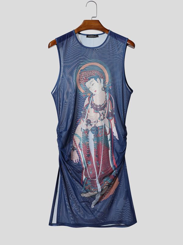 Men's Avant-Garde High Street Buddhist Graphic Mesh Sheer Tank SKUL65895