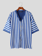 Mens Simple Striped V-Neck Short Sleeve Shirt SKUK67996