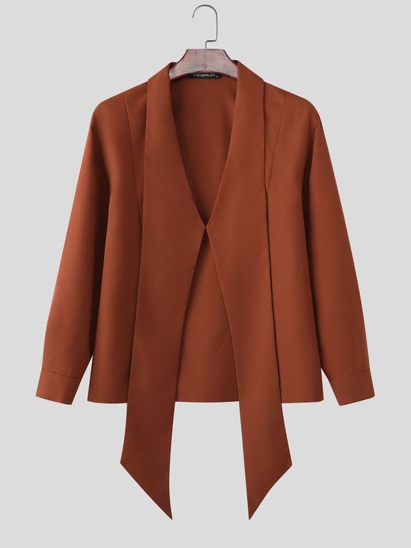 Men's Solid Color Ribbon Collar Long Sleeve Shirt SKUL56059