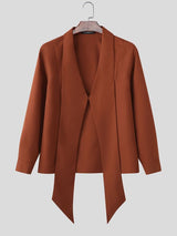 Men's Solid Color Ribbon Collar Long Sleeve Shirt SKUL56059