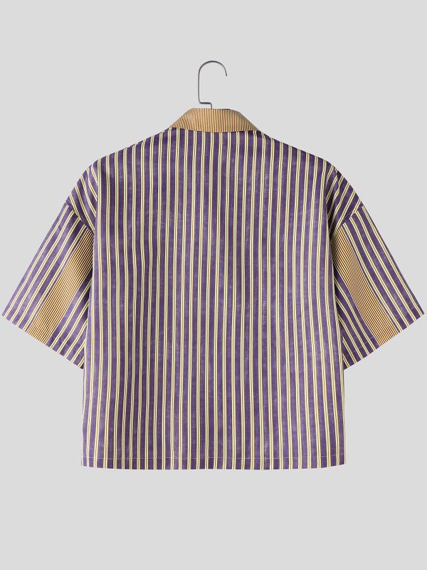 Men's American Vintage Vertical Stripe Drop-Shoulder Cropped Short Sleeve Shirt SKUL71273