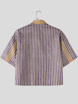 Men's American Vintage Vertical Stripe Drop-Shoulder Cropped Short Sleeve Shirt SKUL71273