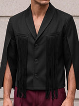Men's Avant-Garde Party Chest Tassel Fringe Cape Slit Half Sleeve Shawl Collar Blazer SKUL78339