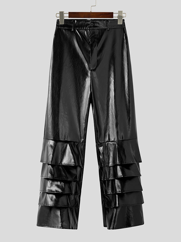 Mens Ruffle Trim Patchwork Faux Leather Pant SKUK91117