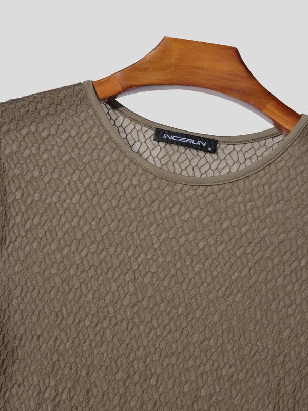 Men's Avant-Garde Geometric Open-Weave Mesh Muscle Fit Short Sleeve T-shirt SKUL72626