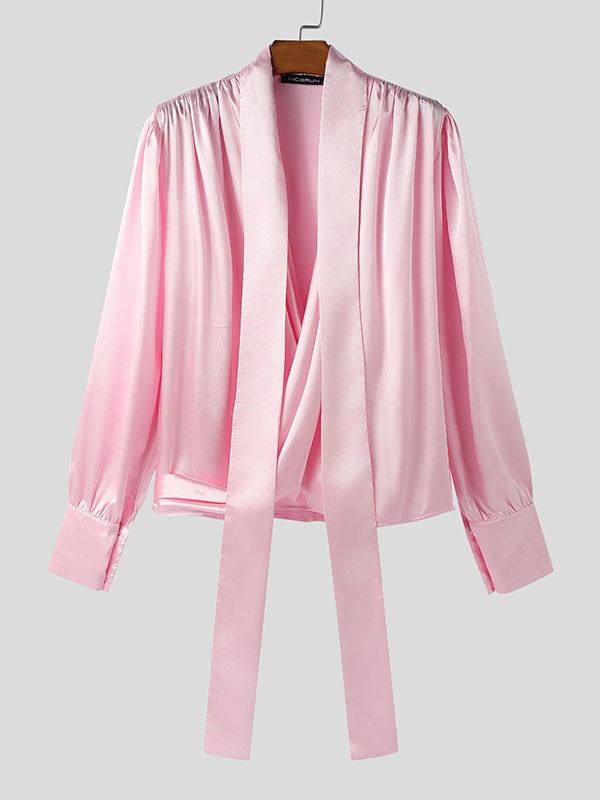 Men's Ribbon Tie Design Draped Neck Long Sleeve Shirt SKUL47590