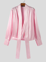 Men's Ribbon Tie Design Draped Neck Long Sleeve Shirt SKUL47590