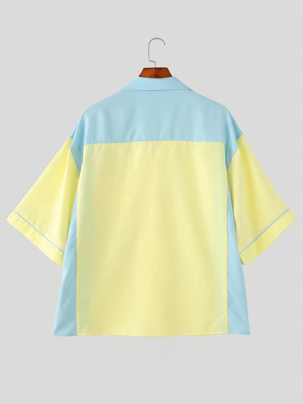 Men's Retro Color-Block Patchwork Cuban Collar Shirt SKUL63835