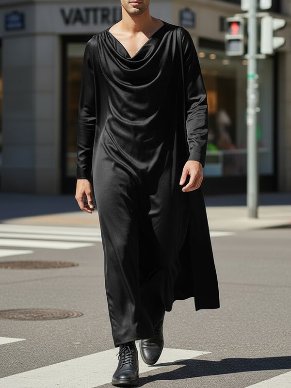 Men's Satin Slouchy Draped Neck Long Sleeve T-Shirt SKUL36366