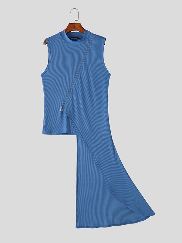 Men's Avant-Garde Asymmetrical Hem Diagonal Zipper Tank SKUL60129
