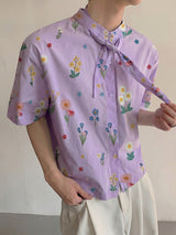 Men's French Romantic Pastoral Floral Print Short Sleeve Shirt SKUL73513