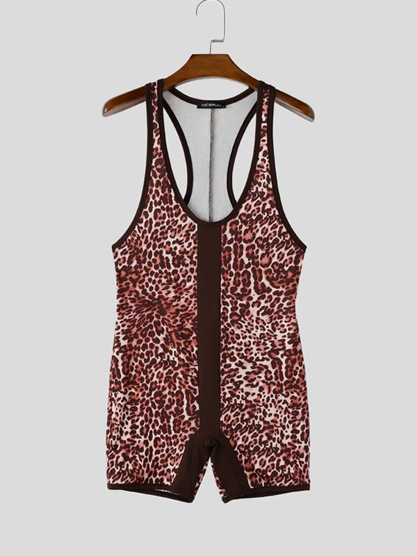 Men's Wild Sexy Leopard Print Mesh Spliced Deep U Neck Bodysuit SKUL73617
