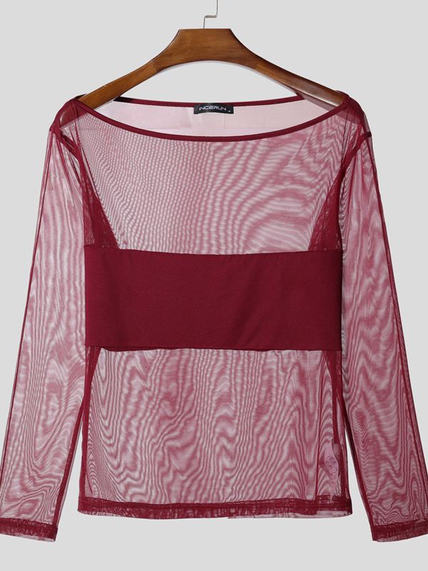 Men's Sheer Mesh Off Shoulder Long Sleeve T-shirt SKUL39977