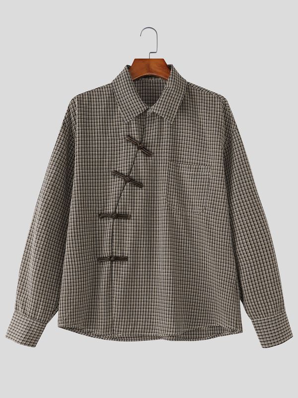 Men's Neo-Chinese Avant-Garde Asymmetrical Frog-Button Micro-Plaid Shirt SKUL77514
