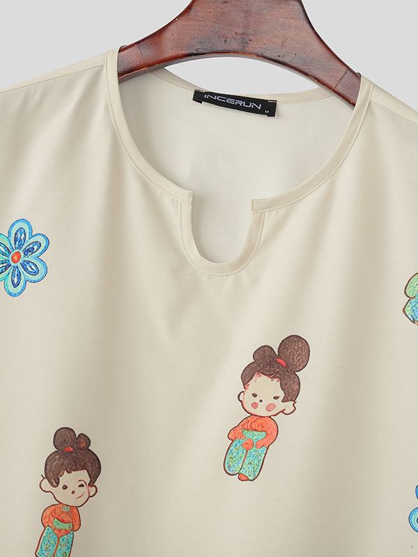 Men's Cartoon Print V Neck Half Sleeve T-Shirt SKUL38587