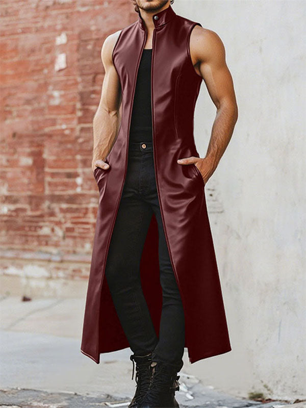 Mens Faux Leather Stand Collar Long Hem Waistcoat SKUL25751