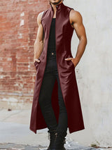 Mens Faux Leather Stand Collar Long Hem Waistcoat SKUL25751