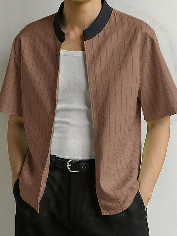 Mens Striped Colorblock Stand Collar Short Sleeve Shirt SKUL17927