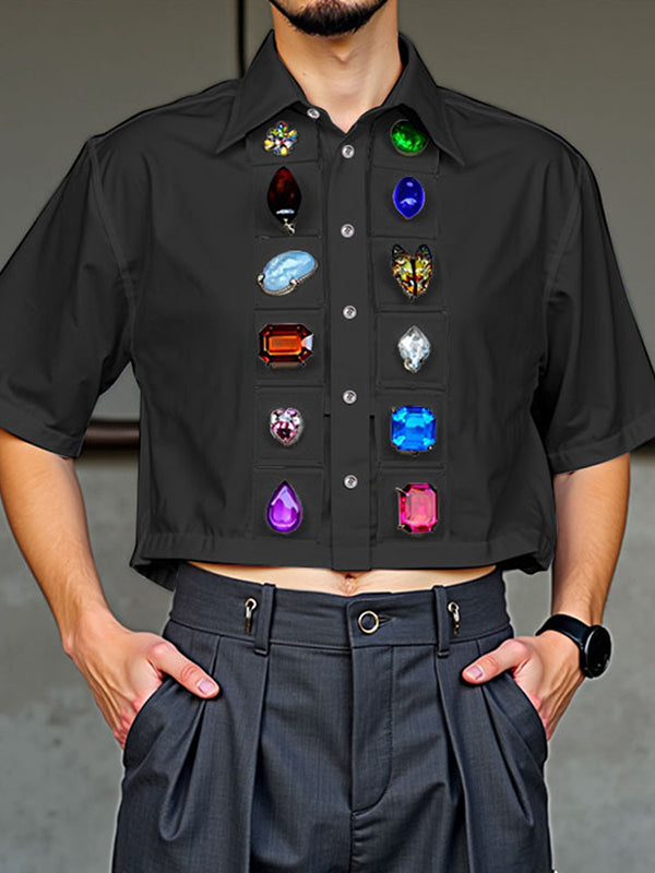 Mens Diamond Print Patchwork Cropped Short-Sleeve Shirt SKUL13692