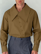 Men's Solid Color Asymmetrical Lapel Long Sleeve Shirt SKUL45983