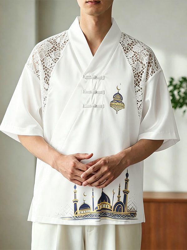 Men's New Chinese Style Lace Patchwork Mosque Graphic Frog Button Cardigan SKUL61201