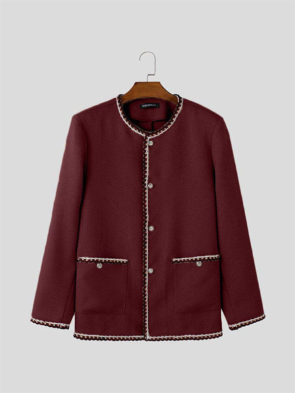 Mens Solid Color Checkered Long Sleeve Cardigan SKUK84778