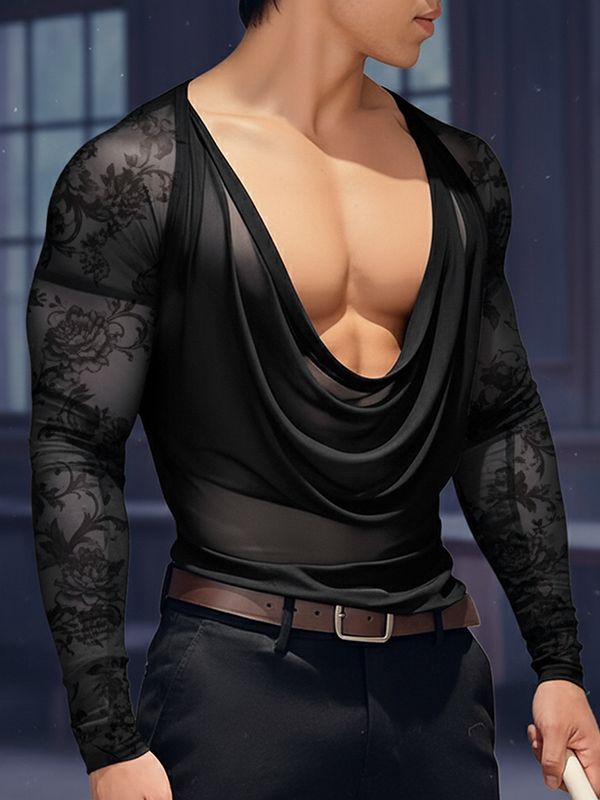 Men's Avant-Garde Draped Cowl Neck Floral Lace Sleeve Mesh T-shirt SKUL52648