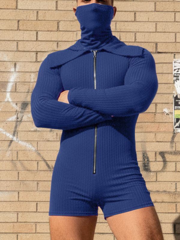 Men's Knitted Textured Lapel Zipper Long Sleeve Bodysuit SKUL45147
