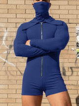 Men's Knitted Textured Lapel Zipper Long Sleeve Bodysuit SKUL45147