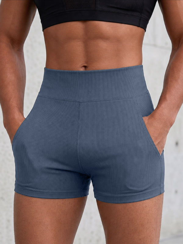 Men's Gym Vertical Ribbed V-Back Yoke Butt Lifting High Waist Back Pocket Short SKUL81924