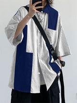 Mens Striped Patchwork Casual Short Sleeve Shirt SKUL15377