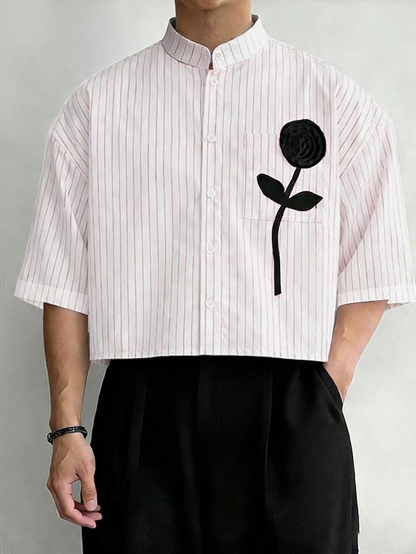 Men's 3D Floral Patchwork Striped Half Sleeve Shirt SKUL63257